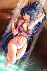 Rule 34 | 1girl, arm up, bikini, blue eyes, blue hair, braid, breasts, cleavage, closed mouth, fire emblem, fire emblem: the sacred stones, fire emblem heroes, highres, jackary, large breasts, leg up, long hair, looking to the side, navel, nintendo, ponytail, smile, solo, swimsuit, tana (fire emblem), twin braids