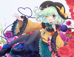 Rule 34 | 1girl, ahoge, arm up, ass, black footwear, black hat, black thighhighs, blouse, blue eyes, bow, breasts, buttons, commentary request, diamond button, eyeball, fingernails, flower, frilled shirt collar, frilled skirt, frilled sleeves, frills, green eyes, green hair, green skirt, grey background, hat, hat bow, hat ribbon, heart, heart of string, highres, komeiji koishi, lace trim, legs up, loafers, long sleeves, looking at viewer, one eye closed, open mouth, outstretched arm, plant, purple flower, purple rose, ribbon, rose, shirt, shoes, simple background, sitting, skirt, small breasts, solo, thighhighs, third eye, touhou, tsukikusa, vines, wide sleeves, yellow ribbon, yellow shirt