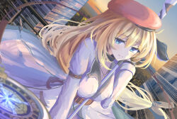 Rule 34 | 1girl, agnes claudel, belt, beret, blonde hair, blue eyes, breasts, cityscape, coat, commentary request, double-parted bangs, eiyuu densetsu, hair between eyes, hat, highres, jewelry, kuro no kiseki, large breasts, long hair, necklace, red hat, skyline, solo, sweater, tipto-eb, very long hair, white coat, white sweater