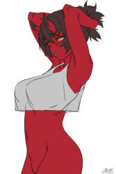 Rule 34 | 1girl, arched back, armpits, arms behind head, black hair, blush, bottomless, bunching hair, colored skin, crop top, crop top overhang, from side, horns, kidouko (zakusi), navel, oni, oni horns, orange eyes, original, parted lips, ponytail, red oni, red skin, shirt, short hair, signature, solo, white shirt, zakusi
