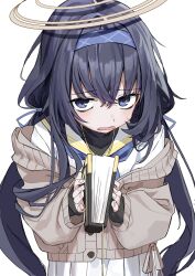 Rule 34 | 1girl, absurdres, black hair, blue archive, blue eyes, blue hairband, book, brown cardigan, cardigan, fingernails, hair between eyes, hairband, halo, haruyuki (gffewuoutgblubh), highres, holding, holding book, long hair, low twintails, open mouth, sailor collar, school uniform, simple background, skirt, solo, twintails, ui (blue archive), white background, white sailor collar, white skirt