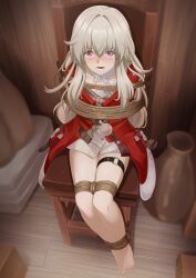 Rule 34 | 1girl, absurdres, barefoot, bdsm, bondage, bound, bound ankles, bound legs, chair, clara (honkai: star rail), commentary, grey hair, hair between eyes, highres, honkai: star rail, honkai (series), indoors, jacket, long hair, looking at viewer, open mouth, pink eyes, red jacket, revision, rope, sitting, solo, thigh strap, thighs, vakaosciosa, very long hair