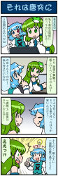 Rule 34 | 2girls, 4koma, ^^^, artist self-insert, blue eyes, blue hair, breasts, comic, commentary request, detached sleeves, emphasis lines, closed eyes, frog hair ornament, green eyes, green hair, hair ornament, hair tubes, heterochromia, highres, index finger raised, juliet sleeves, kochiya sanae, large breasts, light bulb, long sleeves, mizuki hitoshi, monitor, multiple girls, nontraditional miko, open mouth, puffy sleeves, red eyes, short hair, sidelocks, smile, snake hair ornament, surprised, sweatdrop, tatara kogasa, touhou, translated, vest, wide-eyed, wide sleeves, aged down, | |