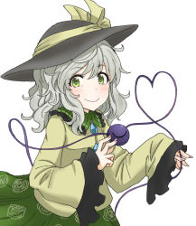Rule 34 | 1girl, black hat, blouse, blush, bow, breasts, closed mouth, commentary request, eyeball, floral print, goto tsukasa, green eyes, green skirt, hat, hat bow, hat ribbon, heart, heart of string, komeiji koishi, light green hair, long sleeves, looking at viewer, medium hair, ribbon, shirt, simple background, skirt, small breasts, smile, solo, third eye, touhou, upper body, white background, wide sleeves, yellow bow, yellow ribbon, yellow shirt
