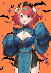 Rule 34 | 1girl, absurdres, alternate costume, chinese clothes, green322, halloween, halloween costume, hat, highres, jiangshi, ofuda, ofuda on head, pyra (xenoblade), qingdai guanmao, red eyes, red hair, solo, xenoblade chronicles (series), xenoblade chronicles 2