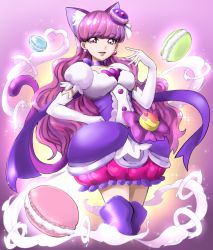 Rule 34 | 10s, 1girl, animal ears, bow, bubble skirt, cat ears, cat tail, choker, cowboy shot, cure macaron, earrings, elbow gloves, extra ears, food, food-themed hair ornament, gloves, hair ornament, hand on own hip, jewelry, kirakira precure a la mode, kotozume yukari, layered skirt, long hair, looking at viewer, macaron, macaron hair ornament, magical girl, name connection, object namesake, precure, purple background, purple bow, purple choker, purple eyes, purple hair, purple skirt, purple theme, purple thighhighs, ribbon choker, skirt, smile, solo, standing, tail, thighhighs, tsukikage oyama, white gloves