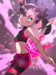 Rule 34 | 1girl, asymmetrical bangs, bare arms, black choker, blurry, blurry background, blush, choker, closed mouth, commentary request, creatures (company), dynamax ball, earrings, eyelashes, from side, game freak, glowing, green eyes, highres, holding, inana umi, jewelry, leggings, looking at viewer, marnie (pokemon), midriff, navel, nintendo, pokemon, pokemon swsh, smile, solo, sports bra