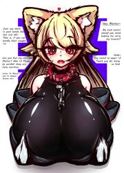 Rule 34 | absurdres, animal ear fluff, animal ears, blonde hair, blush, breasts, chain, chain leash, collar, floofsmear, fox ears, fox girl, hair between eyes, heart, highres, japanese clothes, kimono, large breasts, leash, long eyelashes, long hair, looking at viewer, name tag, non-web source, original, red collar, red eyes, self-upload, simple background, spiked collar, spikes, text focus