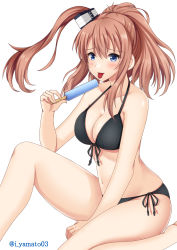 Rule 34 | 1girl, alternate costume, ass, between legs, bikini, black bikini, blue eyes, blush, breasts, brown hair, food, hair between eyes, hair ornament, hand between legs, highres, holding, holding food, kantai collection, knee up, large breasts, long hair, looking at viewer, navel, ponytail, popsicle, saratoga (kancolle), side ponytail, sidelocks, simple background, sitting, skindentation, smile, smokestack, smokestack hair ornament, solo, stomach, swimsuit, thighs, tongue, tongue out, white background, yamato (083)