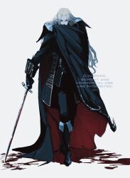 1boy alucard_(castlevania) black_cape blood boots cape castlevania_(series) coat gloves highres long_hair looking_at_viewer male_focus simple_background solo sword tanaka_(is2_p) vampire weapon white_hair