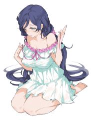 Rule 34 | 10s, 1girl, bad id, bad pixiv id, bare legs, bare shoulders, barefoot, blush, breasts, dress, gj, green eyes, large breasts, long hair, love live!, love live! school idol festival, love live! school idol project, low twintails, off shoulder, open mouth, purple hair, seiza, sitting, skirt, solo, sweat, tojo nozomi, twintails, untied, very long hair, white dress