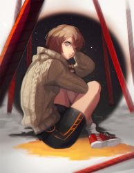 Rule 34 | 1girl, ankle socks, bad id, bad pixiv id, bike shorts, brown eyes, brown hair, gloves, ribbed sweater, shoes, short hair, sneakers, socks, solo, sweater, terong, thighs, turtleneck