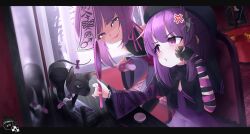 Rule 34 | 2girls, absurdres, anger vein, animal, arm ribbon, beret, black headwear, black jacket, black ribbon, bow, cat, clothed animal, collared shirt, dress, evil smile, fallenshadow, formal, hair ribbon, hand mirror, hat, highres, indie virtual youtuber, jacket, knife hair ornament, mars symbol, mirror, multiple girls, necktie, ofuda, on chair, pacifier, pentagram, purple bow, purple dress, purple eyes, purple hair, purple necktie, purple ribbon, reflection, ribbon, shirt, single sleeve, smile, suit, tail, tail bow, tail ornament, tea party biscuits, trap, virtual youtuber, white shirt, window