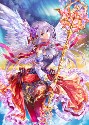 Rule 34 | 1girl, angel, angel wings, aurora, bad id, bad pixiv id, bare shoulders, blue eyes, blue sky, bow, breasts, cleavage, closed mouth, cloud, collarbone, detached sleeves, dress, expressionless, feathered wings, frilled skirt, frills, full body, hair bow, hair ornament, head wings, highres, holding, holding staff, light particles, lips, long hair, long sleeves, looking at viewer, medium breasts, night, night sky, original, parted lips, pink thighhighs, purple dress, red bow, red lips, red thighhighs, shente (sharkpunk), silver hair, skirt, sky, sleeveless, sleeveless dress, solo, staff, star (sky), starry sky, thighhighs, tsurime, very long hair, waist cape, white wings, wings, zettai ryouiki