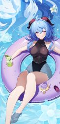 Rule 34 | absurdres, ahoge, alternate costume, bare arms, bare legs, bare shoulders, barefoot, black one-piece swimsuit, blue hair, blush, day, drink, floating hair, flower, foot out of frame, from above, ganyu (genshin impact), genshin impact, goat horns, groin, hair between eyes, highleg, highleg swimsuit, highres, holding, holding drink, horns, innertube, leaning back, looking at viewer, one-piece swimsuit, outdoors, partially submerged, pool, purple eyes, sitting, swim ring, swimsuit, tropical drink, turtleneck, water, wellsy, white flower, wide hips