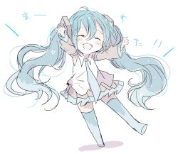 Rule 34 | 1girl, absurdres, blue hair, blue necktie, blue thighhighs, blush, chibi, closed eyes, collared shirt, commentary request, full body, grey skirt, grey sleeves, hair between eyes, hair ornament, happy, hatsune miku, highres, long hair, long sleeves, necktie, open mouth, outstretched arms, pleated skirt, shirt, simple background, skirt, smile, solo, standing, standing on one leg, thighhighs, translation request, twintails, vocaloid, white background, white shirt, xxxx saki