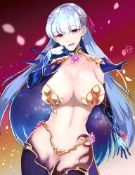 Rule 34 | 1girl, armlet, armor, bikini armor, blush, breasts, cleavage, collar, earrings, fate/grand order, fate (series), flower, hair ribbon, highres, jewelry, kama (fate), kama (third ascension) (fate), kankitsu kei, large breasts, long hair, looking at viewer, lotus, metal collar, navel, open mouth, red eyes, ribbon, silver hair, smile, thighlet, thighs