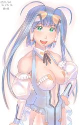Rule 34 | 1girl, antenna hair, aoba anoa, black bow, black bowtie, blue hair, bow, bowtie, breasts, detached collar, green eyes, hand on own hip, large breasts, otomedius, pelvic curtain, revealing clothes, see-through, see-through skirt, skirt, solo, zenkou