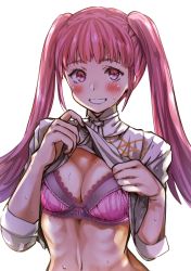 Rule 34 | 1girl, absurdres, blush, bra, breasts, cleavage, clothes lift, female focus, fire emblem, fire emblem: three houses, garreg mach monastery uniform, grin, highres, hilda valentine goneril, lace, lace-trimmed bra, lace trim, lifting own clothes, lips, long hair, looking at viewer, matching hair/eyes, medium breasts, midriff, navel, nintendo, oroshipon zu, pink bra, pink eyes, pink hair, ribs, shirt lift, short sleeves, simple background, smile, solo, sweat, teeth, twintails, underwear, upper body, white background