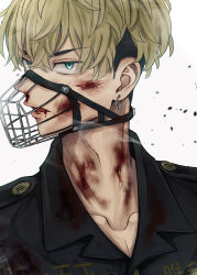 Rule 34 | 1boy, 44&quot; (y tkrv), bad id, bad pixiv id, black hair, black jacket, blonde hair, blood, blood on clothes, blood on face, blue eyes, earrings, hair between eyes, highres, jacket, jewelry, looking at viewer, male focus, matsuno chifuyu, muzzle, nosebleed, simple background, single earring, solo, tokyo revengers, undercut, upper body, white background