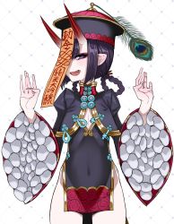 Rule 34 | 1girl, black dress, braid, braided hair rings, breasts, china dress, chinese clothes, dress, fate/grand order, fate (series), hair rings, hat, highres, honjou raita, horns, jiangshi, long sleeves, ofuda, oni, open mouth, pelvic curtain, pointy ears, qingdai guanmao, shuten douji (fate), shuten douji (festival outfit) (fate), simple background, skin-covered horns, thighs, twin braids, white background, wide sleeves