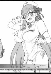 Rule 34 | 1girl, :d, bb (fate), bb (fate), bb (bb shot!) (fate), belt collar, blush, bow, breasts, cleavage, collar, cowboy shot, english text, fate/grand order, fate (series), fixed, glasses, gloves, greyscale, hair bow, highres, inoue kiyoshirou, large breasts, long hair, looking at viewer, monochrome, nurse, one eye closed, open mouth, panties, scan, semi-rimless eyewear, shirt, short sleeves, side-tie panties, simple background, smile, solo, standing, sweat, thighhighs, under-rim eyewear, underwear, very long hair, w over eye, white background