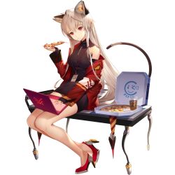 Rule 34 | 1girl, animal ears, artist request, asymmetrical sleeves, bare legs, black collar, black dress, black gloves, breasts, cat ears, cat tail, closed mouth, collar, collared jacket, computer, cup, disposable cup, dress, drink, eating, fake animal ears, final gear, fingerless gloves, food, full body, gloves, hair between eyes, highres, holding, holding food, holding pizza, horizontal-striped sleeves, jacket, keyboard (computer), laptop, light bulb, long hair, looking at object, mechanical ears, mechanical shoes, medium breasts, michaelia (final gear), mismatched sleeves, multicolored sleeves, mushroom, official art, on bench, pepperoni pizza, pink eyes, pizza, pizza box, red collar, red footwear, red jacket, red sleeves, side slit, simple background, single bare shoulder, single sleeve past wrist, sleeveless, sleeveless dress, solo, straight hair, tachi-e, tail, tail ornament, third-party source, transparent background, turtleneck, turtleneck dress, two-tone tail, very long hair, very long sidelocks, white hair, zipper, zipper pull tab