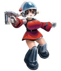Rule 34 | 1girl, absurdres, aiming, breasts, brown eyes, brown hair, finger on trigger, full body, gloves, grey gloves, gun, hai to hickory, hair between eyes, helmet, highres, large breasts, open mouth, original, round teeth, short hair, smile, solo, teeth, weapon, white background