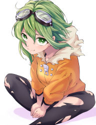 Rule 34 | 1girl, black thighhighs, coat, commentary, fur-trimmed coat, fur trim, goggles, goggles on head, green eyes, green hair, gumi, hands on feet, highres, jinsei reset button (vocaloid), looking at viewer, orange coat, short hair, sitting, smile, solo, thighhighs, torn clothes, torn thighhighs, vocaloid, yuja0119, zipper pull tab