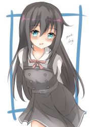Rule 34 | 1girl, arms behind back, asashio (kancolle), asashio kai ni (kancolle), black dress, black hair, blue eyes, blush, bow, collared shirt, commentary request, dakkusu, dated, dress, hair between eyes, highres, kantai collection, long hair, looking at viewer, one-hour drawing challenge, open mouth, pinafore dress, pink bow, shirt, signature, sleeveless, sleeveless dress, solo, very long hair, white background, white shirt