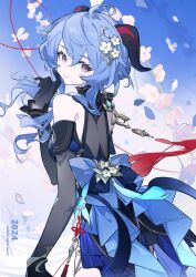 Rule 34 | 1girl, 2024, absurdres, ahoge, back bow, bare shoulders, black dress, black gloves, black sleeves, blue dress, blue hair, bow, character name, closed mouth, commentary request, copyright name, cowboy shot, detached sleeves, dress, flower, from behind, ganyu (genshin impact), ganyu (twilight blossom) (genshin impact), genshin impact, gloves, goat horns, hand up, highres, horns, long hair, looking at viewer, looking back, multicolored clothes, multicolored dress, official alternate costume, pink flower, purple eyes, shiliudoudou568, sleeveless, sleeveless dress, smile, solo, tassel