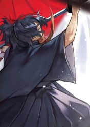 Rule 34 | 1boy, absurdres, arm up, black hair, blurry, blurry background, fate (series), from side, hair over one eye, highres, holding, holding sword, holding weapon, katana, long sleeves, looking at viewer, okada izou (fate), ponytail, red eyes, solo, sword, weapon, wide sleeves, yoshio (55level)