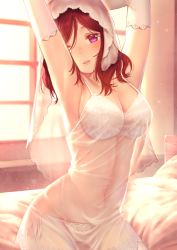 Rule 34 | 10s, 1girl, armpits, arms up, bed, blush, bra, breasts, cleavage, day, elbow gloves, gloves, lingerie, looking at viewer, love live!, love live! school idol project, medium breasts, morning, nagareboshi, navel, nightgown, nishikino maki, panties, parted lips, purple eyes, red hair, see-through, sitting, smile, solo, underwear, veil, white bra, white gloves, white panties, window