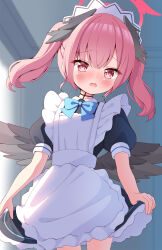 Rule 34 | 1girl, alternate costume, apron, azel (laevateinn495), black dress, black wings, blue archive, blue bow, blue bowtie, blush, bow, bowtie, cowboy shot, dress, enmaided, frilled apron, frills, hair between eyes, halo, head wings, highres, koharu (blue archive), long hair, looking at viewer, maid, maid headdress, open mouth, pink eyes, pink hair, puffy short sleeves, puffy sleeves, red halo, short sleeves, solo, twintails, white apron, wings