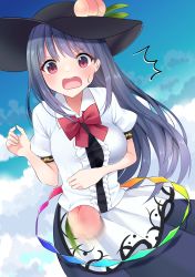 Rule 34 | 1girl, absurdres, black hat, blouse, blue hair, blue skirt, blue sky, blush, bow, bowtie, center frills, cloud, cloudy sky, collared shirt, commentary request, flying, food, frills, fruit, fruit hat ornament, hair between eyes, hands up, hat, highres, hinanawi tenshi, leaf, leaf hat ornament, long hair, looking to the side, nervous, open mouth, outdoors, peach, pink eyes, puffy short sleeves, puffy sleeves, rainbow, red bow, red bowtie, shirt, short sleeves, skirt, sky, solo, stigma1101, sweatdrop, touhou, white shirt