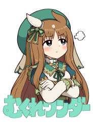 Rule 34 | 1girl, animal ears, beret, blue eyes, bow, brown hair, capelet, crossed arms, ear covers, gloves, grass wonder (saint jade healer) (umamusume), grass wonder (umamusume), green capelet, green hat, hair bow, hat, highres, horse ears, horse girl, long hair, long sleeves, official alternate costume, pout, puff of air, simoyuki, simple background, single ear cover, solo, translation request, umamusume, veil, white background, white gloves
