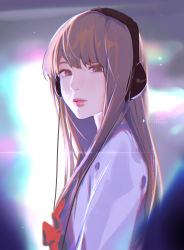 Rule 34 | 1girl, absurdres, artist name, brown hair, clivenzu, closed mouth, from side, headphones, highres, long hair, looking at viewer, looking to the side, original, purple eyes, purple shirt, school uniform, serafuku, shirt, solo, upper body