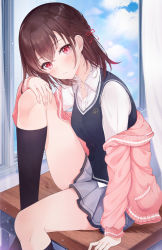Rule 34 | 1girl, absurdres, arm support, black socks, black sweater vest, blue sky, braid, breasts, brown hair, cardigan, classroom, collarbone, collared shirt, curtains, day, desk, gradient hair, grey skirt, hair ornament, hair ribbon, hand on own knee, highres, knee up, kneehighs, lebring, long hair, long sleeves, looking at viewer, miniskirt, multicolored hair, off shoulder, on desk, original, pink cardigan, pleated skirt, red eyes, revision, ribbon, school uniform, shirt, sitting, on desk, skirt, sky, small breasts, socks, solo, sweater vest, thighs, undershirt, untucked shirt, white shirt, window