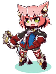 Rule 34 | 1girl, 7th dragon, 7th dragon (series), :d, animal ear fluff, animal ears, belt, belt buckle, bike shorts, black footwear, black shorts, blue jacket, blush, boots, buckle, cat ears, colored shadow, commentary request, fang, fighter (7th dragon), full body, gloves, green eyes, hair between eyes, hair bobbles, hair ornament, hand on own hip, harukara (7th dragon), holding, holding sword, holding weapon, jacket, long sleeves, looking at viewer, naga u, one side up, open mouth, pink hair, red gloves, shadow, short shorts, shorts, smile, solo, standing, striped clothes, striped thighhighs, sword, thighhighs, thighhighs under boots, weapon, white background, white belt