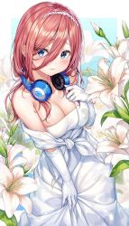 Rule 34 | 1girl, 3:, bare shoulders, blue eyes, breasts, cleavage, closed mouth, collarbone, dress, flower, frown, gloves, go-toubun no hanayome, hair between eyes, headphones, headphones around neck, highres, large breasts, lily (flower), long hair, looking at viewer, nakano miku, r o ha, red hair, sidelocks, solo, strapless, strapless dress, wedding dress, white dress, white flower, white gloves