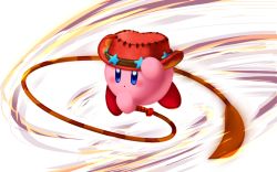 Rule 34 | 1boy, blue eyes, blush, blush stickers, colored skin, copy ability, cowboy hat, hat, holding, holding clothes, holding hat, kirby, kirby&#039;s return to dream land, kirby (series), male focus, motion lines, nintendo, no humans, red hat, simple background, solo, spinning, star (symbol), weapon, whip, white background
