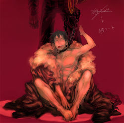 Rule 34 | 2boys, abs, black eyes, black hair, chain, coat, collar, covering privates, fur trim, geiyajin, head out of frame, hook, hook hand, jacket, jacket on shoulders, jewelry, knees apart feet together, knees to chest, looking at another, male focus, monkey d. luffy, multiple boys, muscular, nipples, nobu10, nude, nude cover, one piece, red background, red theme, ring, scar, short hair, crocodile (one piece), sitting, standing, tongue, tongue out, yaoi