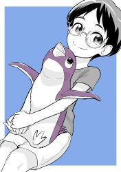 Rule 34 | 1boy, animal, bird, glasses, greyscale, highres, holding, holding animal, invisible chair, male focus, monochrome, penguin, penguin highway, round eyewear, shirt, shorts, sitting, smile, solo, spot color, t-shirt, uchida-kun (penguin highway), yano keito