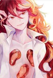 Rule 34 | 1other, androgynous, closed mouth, collarbone, colored eyelashes, curly hair, gem, gem uniform (houseki no kuni), hand up, highres, hole in chest, hole on body, houseki no kuni, long hair, open clothes, open shirt, orange hair, other focus, padparadscha (houseki no kuni), piyo3pr, red eyes, red gemstone, red hair, red nails, red theme, shirt, short sleeves, sideways glance, simple background, smile, solo, underwear, white background, white shirt