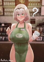 Rule 34 | 1girl, ?, absurdres, aestheticc-meme, apron, artist name, bare shoulders, barista, blush, breasts, cafe, cleavage, commentary, counter, cup, curvy, disposable cup, english commentary, green apron, green eyes, grey hair, hairband, highres, holding, holding cup, hololive, huge breasts, iced latte with breast milk (meme), indoors, logo parody, looking at viewer, meme, mole, mole on breast, naked apron, shirogane noel, short hair, sideboob, solo, sparkle, starbucks, suggestive fluid, virtual youtuber, wavy hair, yagoo
