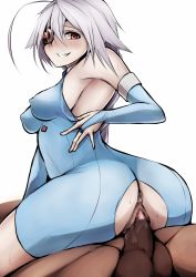 Rule 34 | 1boy, 1girl, ahoge, anus, arc system works, ass, ass cutout, bare shoulders, blazblue, bodysuit, braid, breasts, bridal gauntlets, censored, clothed female nude male, clothing cutout, eyepatch, from behind, grin, hetero, highres, long hair, looking at viewer, nu-13, nude, penis, red eyes, sex, sideboob, silver hair, single braid, smile, snm (sunimi), sweat, torn clothes, vaginal, very long hair