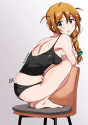 Rule 34 | 1girl, aqua eyes, aqua scrunchie, ass, baba konomi, barefoot, black camisole, black panties, blush, braid, brown hair, butt crack, camisole, commentary request, dimples of venus, hair ornament, hair scrunchie, highres, idolmaster, idolmaster million live!, long hair, looking at viewer, on chair, open mouth, panties, photoshop (medium), ponpon, scrunchie, single braid, smile, solo, squatting, underwear