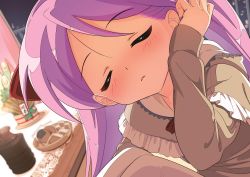 Rule 34 | 1girl, alternate costume, balcony, blurry, blurry background, blush, bowl, city lights, close-up, closed eyes, cracker, food, frills, hair ribbon, hiiragi kagami, hood, hood down, hotaru iori, ichimi renge, incoming kiss, long hair, looking at viewer, lucky star, new year, night, pov, puckered lips, red ribbon, revision, ribbon, sitting, smile, solo, steam, twintails, window