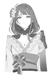 Rule 34 | 1girl, asymmetrical sleeves, breasts, cleavage, closed mouth, expressionless, flower, genshin impact, greyscale, hair flower, hair ornament, highres, japanese clothes, kimono, kona ming, long hair, long sleeves, looking at viewer, medium breasts, mole, mole under eye, monochrome, obi, obijime, raiden shogun, sash, simple background, solo, straight-on, upper body, white background