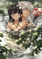Rule 34 | 1boy, 1girl, animal ears, bead necklace, beads, black eyes, black hair, blurry, blurry foreground, blush, branch, bush, closed mouth, commentary, completely nude, dappled sunlight, day, dog ears, full body, hair between eyes, hand on own knee, highres, higurashi kagome, inuyasha, inuyasha (character), jewelry, long hair, looking away, looking back, mixed-sex bathing, motobi (mtb umk), necklace, nude, onsen, outdoors, own hands together, partially submerged, ripples, shared bathing, silver hair, sitting, sparkle, steam, straight hair, sunlight, symbol-only commentary, twitter username, unworn clothes, water, wet, yellow eyes
